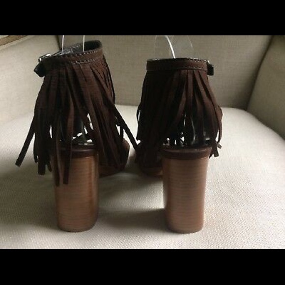 Prada Sandals Ankle Strap Block Fringe Brown Suede - Picture 5 of 8